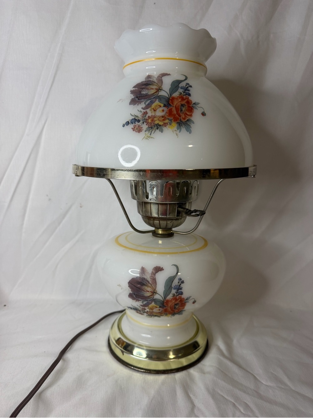 Vintage Floral Milk Glass "Gone With The Wind" Style Hurricane Lamp - Picture 5 of 16